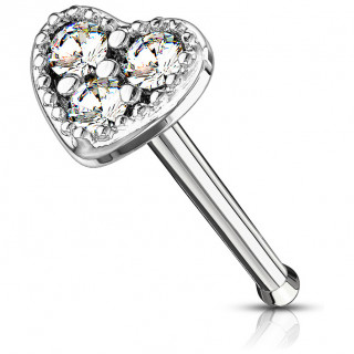 Piercing nez tige droite coeur  3 strass clairs