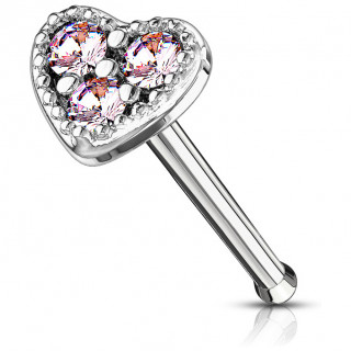 Piercing nez tige droite coeur  3 strass roses