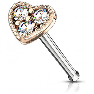 Piercing nez tige droite coeur cuivr  3 strass