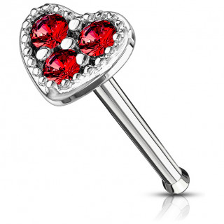 Piercing nez tige droite coeur  3 strass rouges