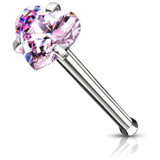 Piercing nez tige droite en acier  zirconium coeur rose