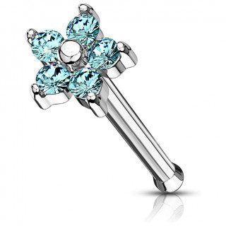 Piercing nez tige droite fleur  5 ptales strass bleu aqua