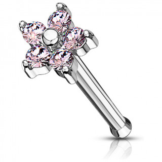 Piercing nez tige droite fleur  5 ptales strass roses