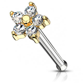 Piercing nez tige droite fleur dore  5 ptales strass