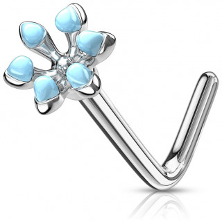 Piercing nez tige L fleur emaille - Bleu aqua