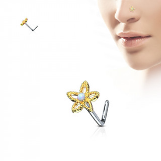 Piercing nez tige "L" fleur fantaisie dore  opale