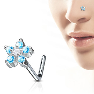 Piercing nez tige "L"  toile sertie de strass bleus et clair