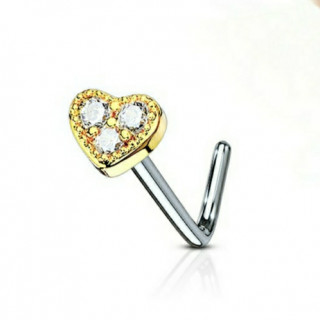 Piercing nez tige "L" coeur dor  3 strass