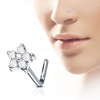 Piercing nez tige "L" fleur  5 ptales strass