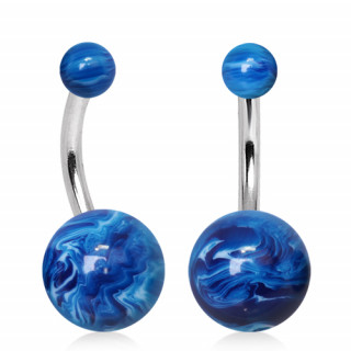 Piercing nombril à boules marbrées bleues style océan