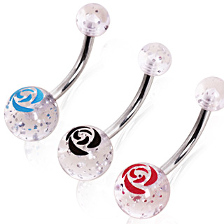 Piercing nombril à boules pailletées avec rose imprimée
