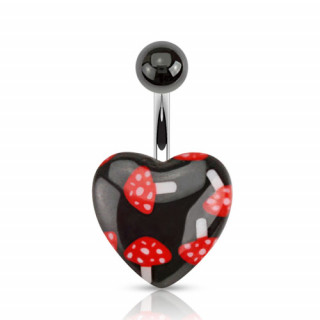 Piercing nombril à champignons rouges et blancs sur coeur noir