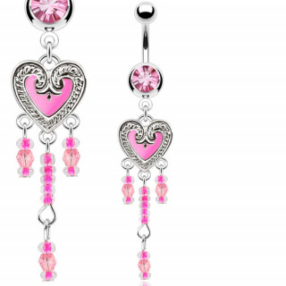 Piercing nombril  coeur vintage rose en epoxy avec perles