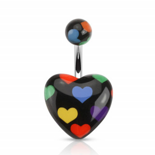 Piercing nombril  coeurs multicolores sur coeur noir