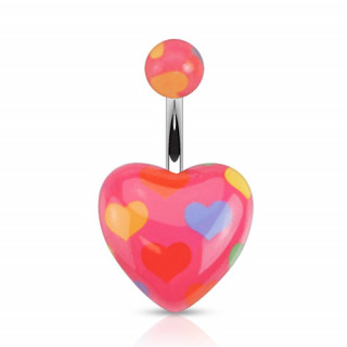 Piercing nombril  coeurs multicolores sur coeur rose