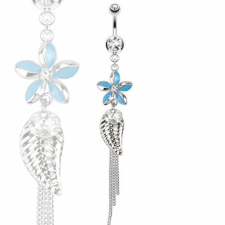 Piercing nombril  fleur bleue, feuille et chaines