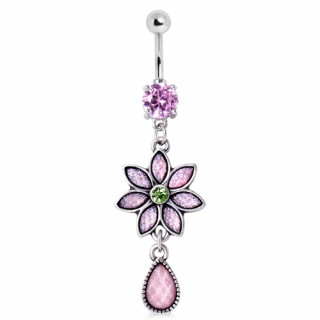 Piercing nombril  fleur rose en opale synthtique