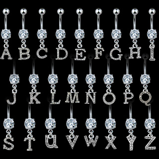 Piercing nombril à lettre de l'alphabet avec strass clairs