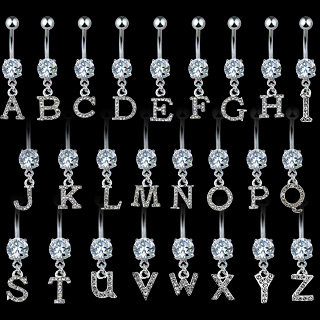 Piercing nombril  lettre de l'alphabet avec strass clairs