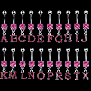 Piercing nombril à lettre de l'alphabet avec strass roses