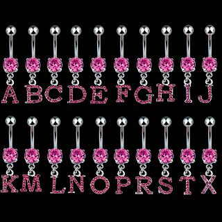 Piercing nombril  lettre de l'alphabet avec strass roses