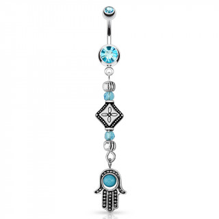 Piercing nombril  main de fatima avec turquoise et perles