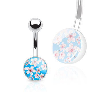 Piercing nombril  motif fleuri bleu et blanc