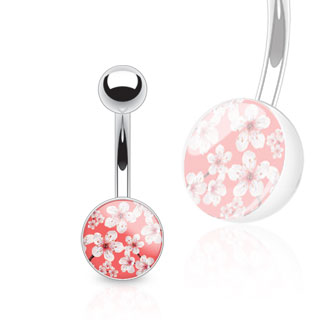 Piercing nombril  motif fleuri rose et blanc