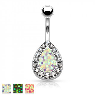 Piercing nombril  opale synthtique en forme de poire borde de strass