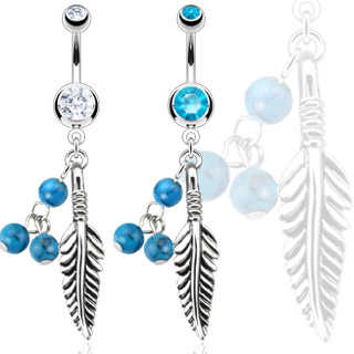 Piercing nombril  pendentif plume et perles en turquoise