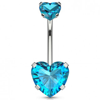 Piercing nombril à pierres en coeur (filetage interne) - Bleu aqua