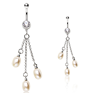 Piercing nombril  trio de perles blanc cass suspendues