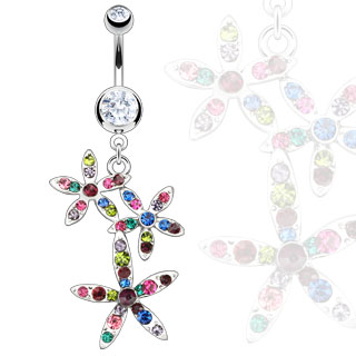 Piercing nombril  trois fleurs multicolores