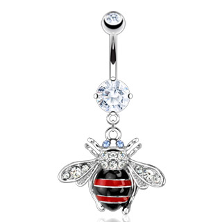 Piercing nombril abeille noire, rouge et argente pave de pierres