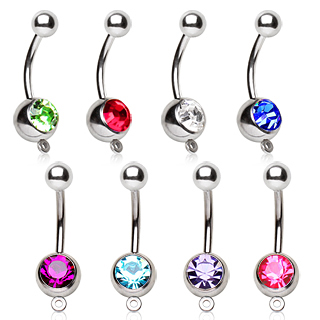 Piercing nombril acier  boule sertie et anneau pour pendentif