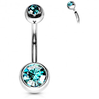 Piercing nombril acier boules serties  filetage interne - Bleu aqua