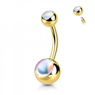 Piercing nombril acier dor  pierre iridescente