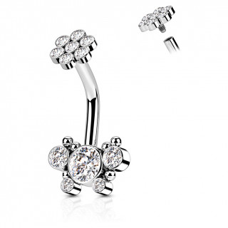 Piercing nombril acier  fleur et papillon strass (filetage interne)