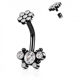 Piercing nombril acier Noir  fleur et papillon strass (filetage interne)