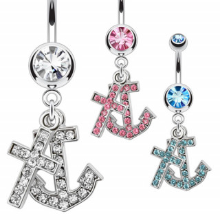 Piercing nombril ancre de marine et croix pavées de pierres
