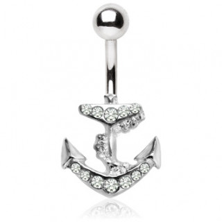 Piercing nombril ancre marine pavée de strass clairs