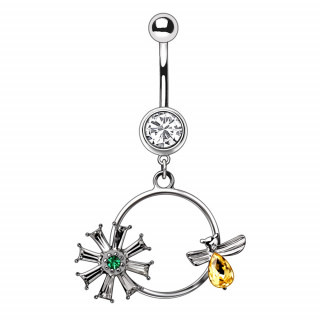 Piercing nombril  anneau fleur et abeille strass