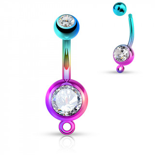 Piercing nombril arc en ciel en acier  boules serties et anneau  pendentif