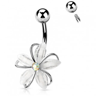 Piercing nombril Argent  fleur blanche sertie