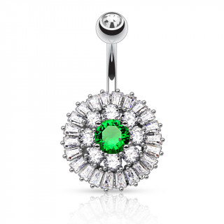 Piercing nombril argenté style bouton de fleur majestueux à strass clairs  et vert