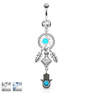 Piercing nombril avec Attrape rve et Hamsa / main de Fatima  perle turquoise