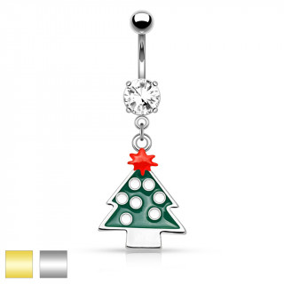 Piercing nombril avec avec sapin de noel surmont d'une toile rouge