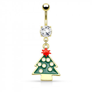 Piercing nombril avec avec sapin de noel surmont d'une toile rouge