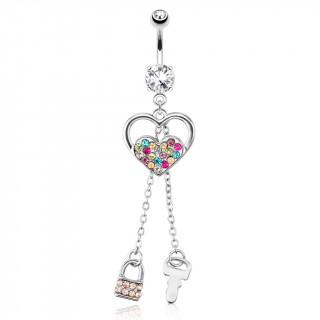 Piercing nombril avec coeur  strass multicolores, cadenas et cl