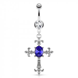 Piercing nombril avec croix  fleurs de Lys et pierre ovale bleue